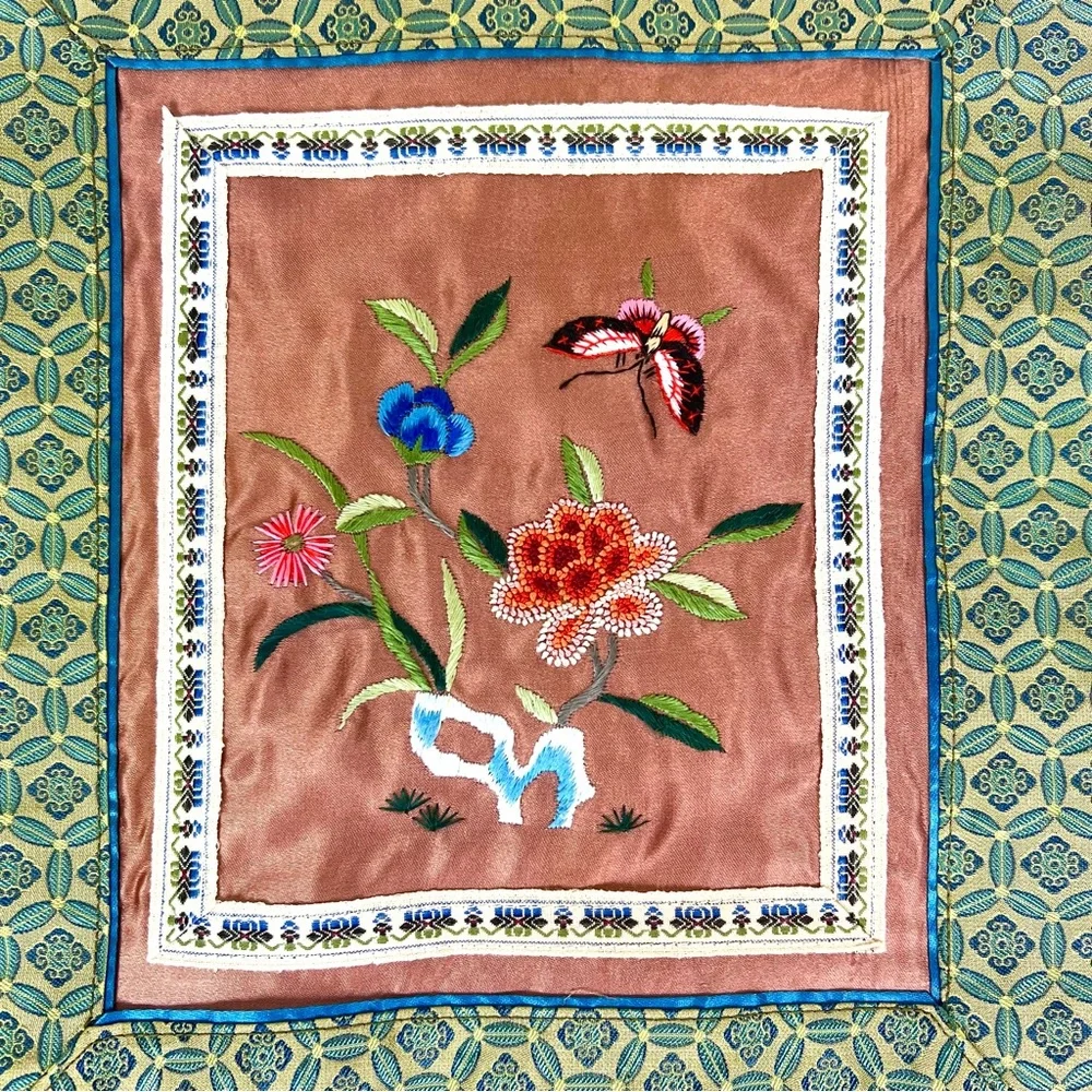 Vintage Chinese Silk Embroidered Floral Butterfly Panel